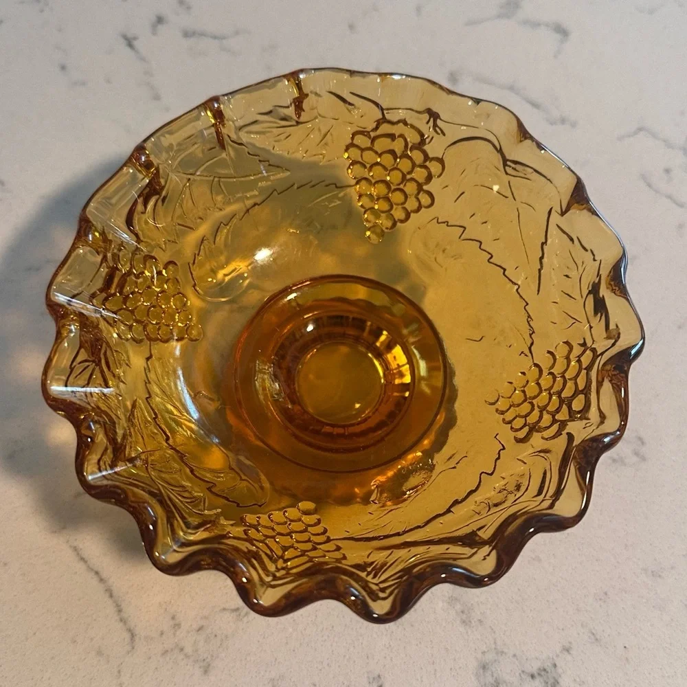 Vintage Indiana Amber Glass Grapevine Embossed Pedestal Candy Dish - Picture 5 of 8